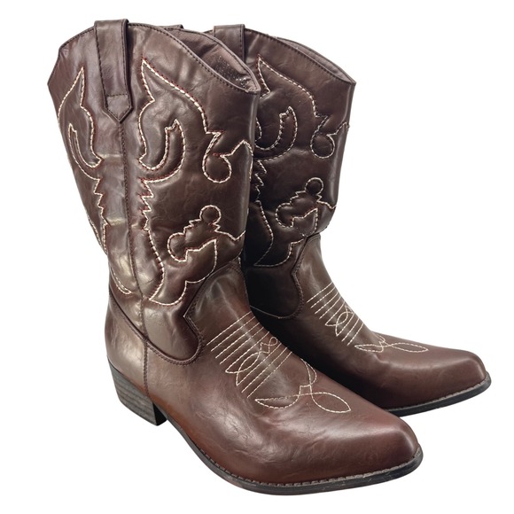 SheSole Shoes - SheSole Brown Faux Leather Western Cowboy Boots‎ Stitch Detail Size 41 US 10.5